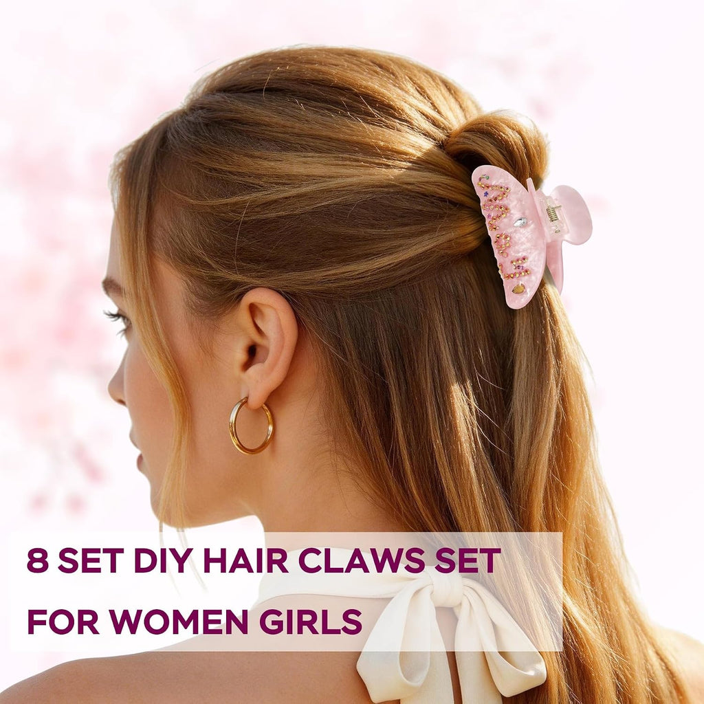 8 Sets DIY Hair Claw Clips Kit, Claw Clip Decorating Kit for Craft Night | Claw Clip Bedazzling Kit, 6 Boxes Accessories with Storage Box, Custom Hair Clip Making Kit for Women Adults DIY Craft Night