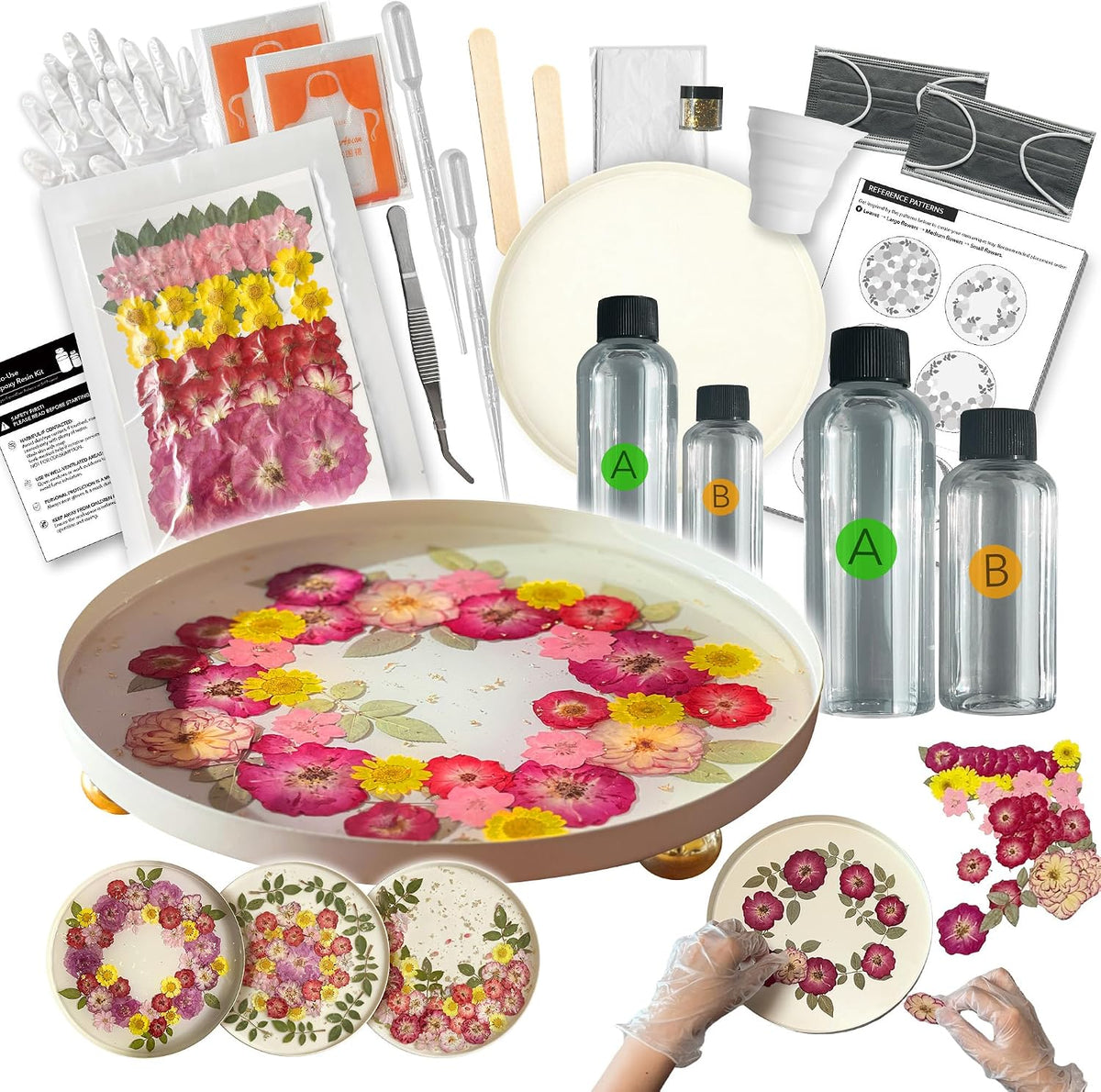 Auraeve All-in-One Resin Tray Craft Kit for Adults, Women, Crafter, Beige | 55Pcs Real Flowers, 10oz Pre-Measured Resin, 9.8 Metal Tray, 2 Person Protection, Hobby Activity, Gift, Beginner Friendly