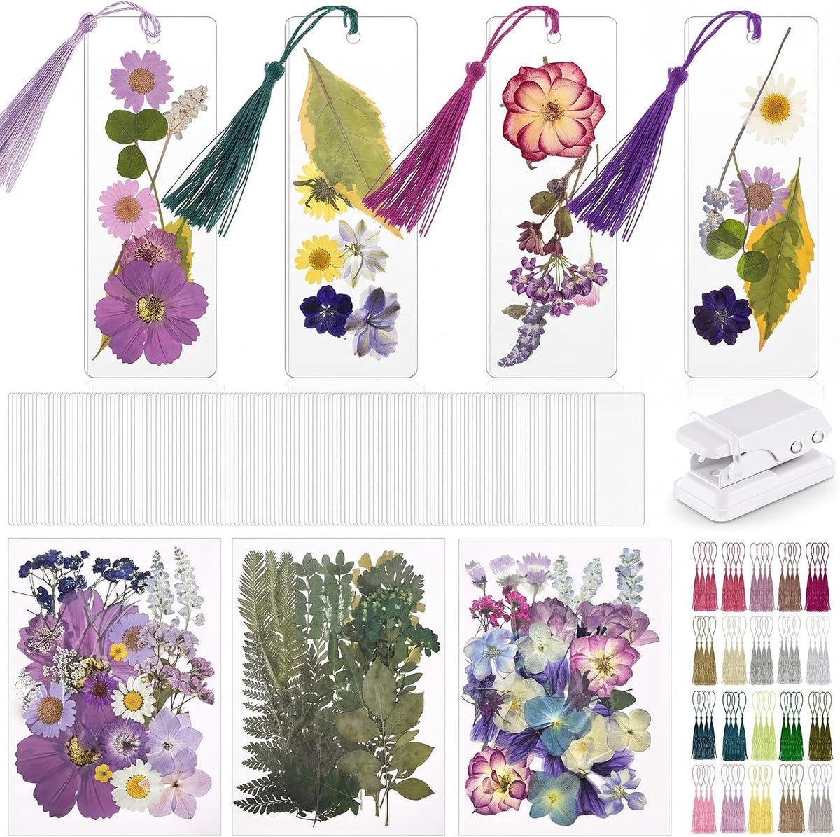Fuyoooo 376 Pcs Pressed Flower Bookmark Kit, Boho Color, 2 x 6 Inch | Dried Flowers, Laminating Pouches Tassels Puncher, Craft Kit for Women Adults, Handmade DIY Bookmark Gifts for Book Lovers