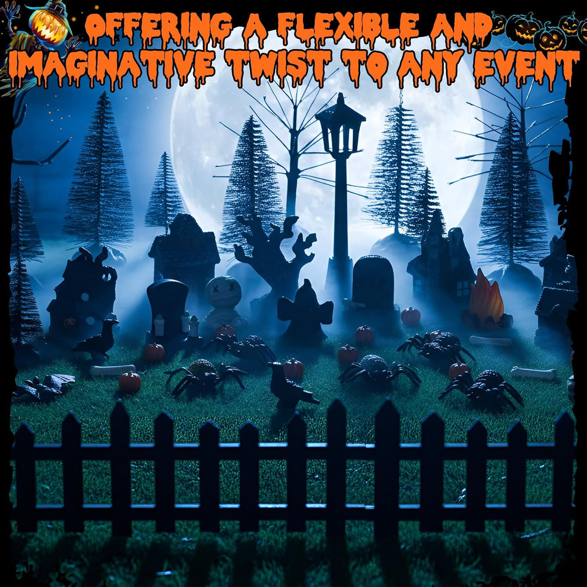 Seenelling 50 Pcs Halloween Village Miniature Haunted House Accessory Set | Tombstone Skulls Spiders Bats Figurines, Bare Branch Trees Pumpkin Fence Streetlamp, Table Landscape Display Party Scene