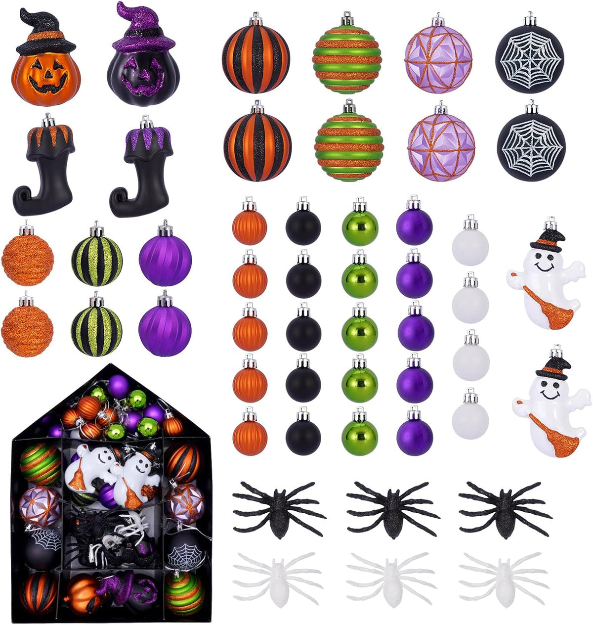 Tngan 50 Pcs Halloween Ornaments for Tree Decorations, Shatterproof | Plastic Balls with Pumpkin,Ghost, Spider Designs, Built-In Loops, for Party, Mantel, Tree, Doorway and Home