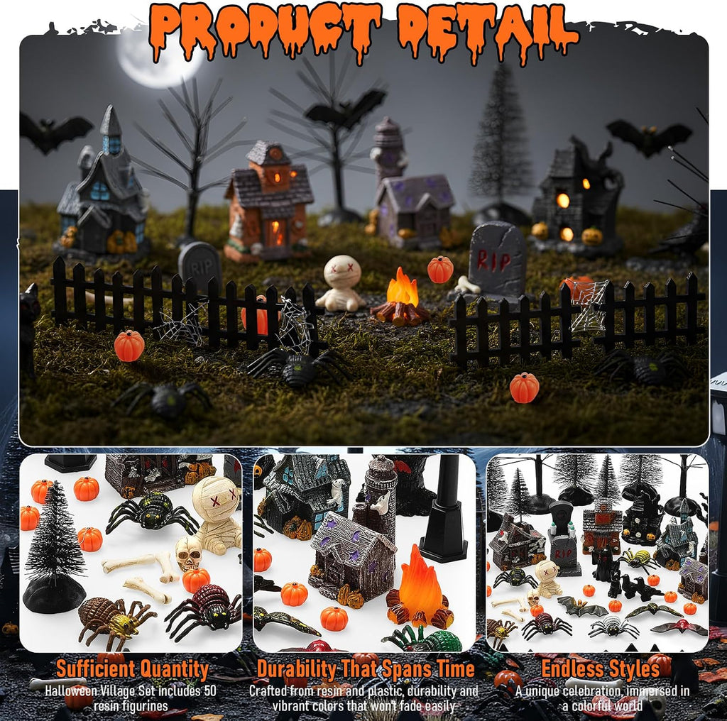 Seenelling 50 Pcs Halloween Village Miniature Haunted House Accessory Set | Tombstone Skulls Spiders Bats Figurines, Bare Branch Trees Pumpkin Fence Streetlamp, Table Landscape Display Party Scene