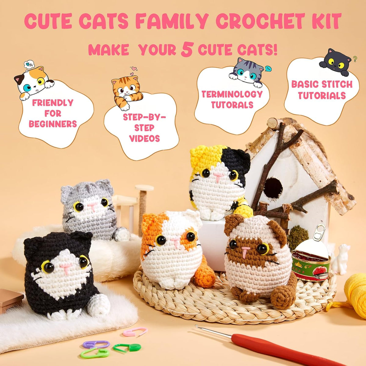 MAGIMUSE Crochet Kit for Beginners, 5 Cat Crochet Amigurumi Craft Kit | Includes Step-by-Step Video Tutorials, 40% More Yarn and DIY Crochet & Knitting Supplies for Beginner Animal Projects.