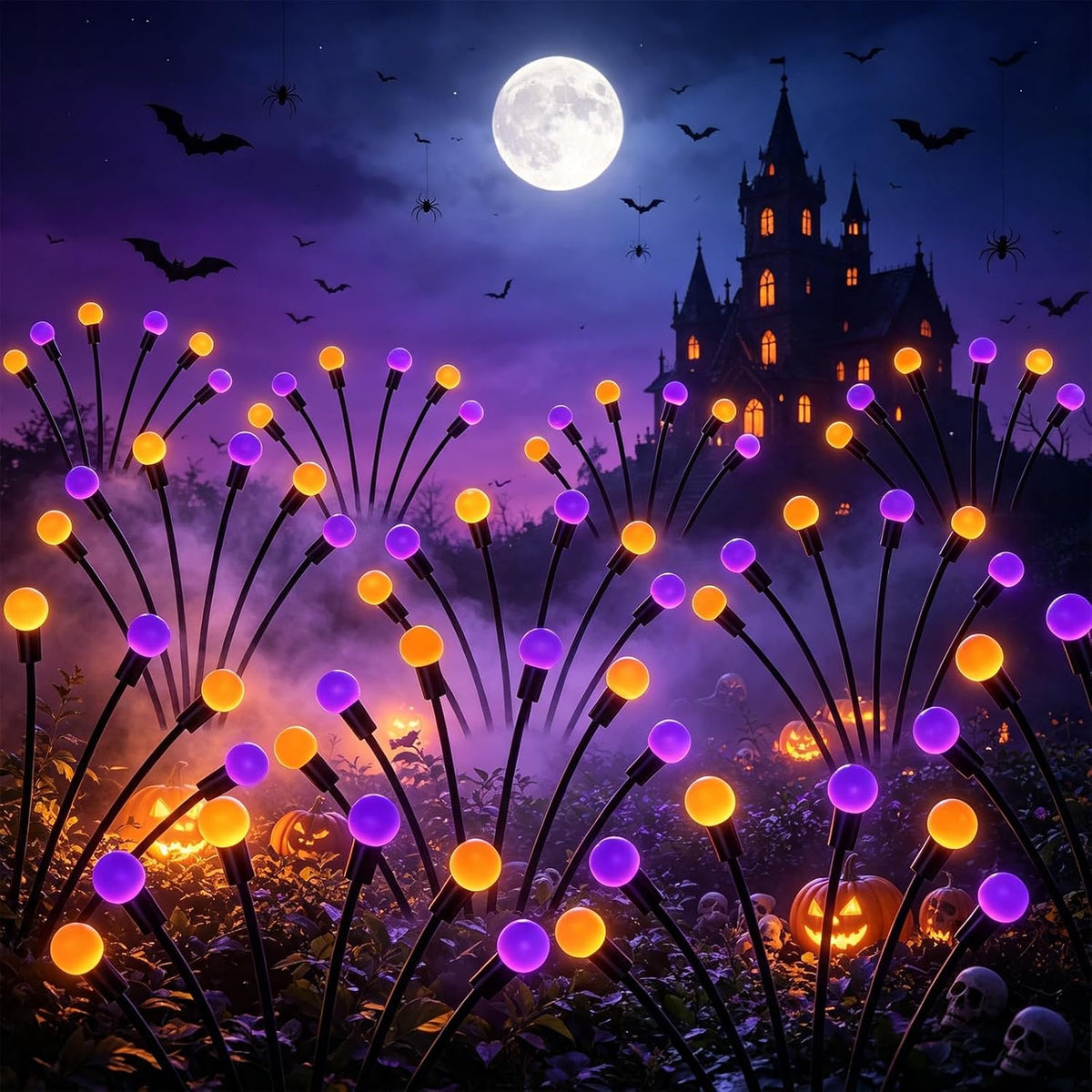 VOOKRY 4 Pack Halloween Decorations Outdoor, 24 LED Solar Firefly Lights Outdoor Waterproof Swaying Scary Solar Halloween Lights for Yard Garden Pathway Lawn Party Decor, Orange & Purple