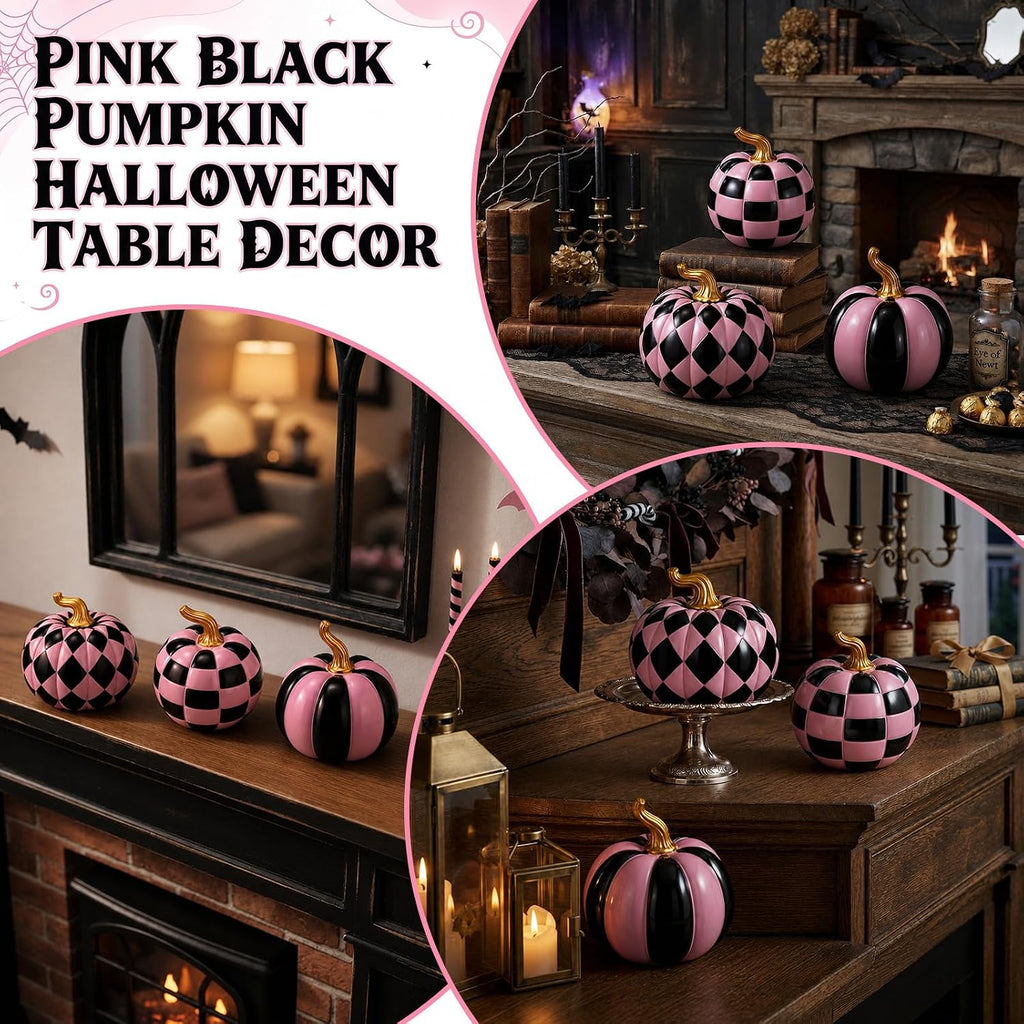 3 Pcs Halloween Resin Checkered Pumpkin, Pink and Black Pumpkin Table Decor | Pink Halloween, Pink Fall Decor, Thanksgiving Autumn Party Supplies, Dining Table Centerpiece Set, Ornaments for Tiered Tray
