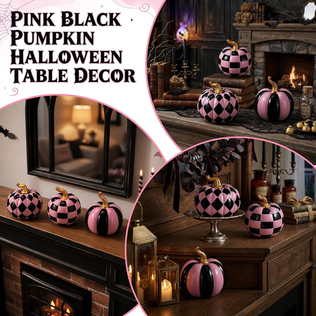 3 Pcs Halloween Resin Checkered Pumpkin, Pink and Black Pumpkin Table Decor | Pink Halloween, Pink Fall Decor, Thanksgiving Autumn Party Supplies, Dining Table Centerpiece Set, Ornaments for Tiered Tray