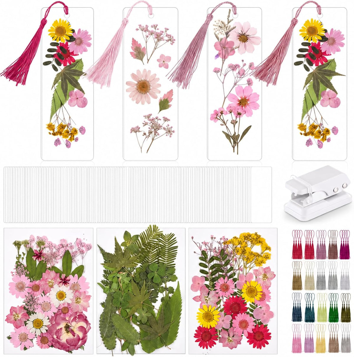 Fuyoooo 376 Pcs Pressed Flower Bookmark Kit, Boho Color, 2 x 6 Inch | Dried Flowers, Laminating Pouches Tassels Puncher, Craft Kit for Women Adults, Handmade DIY Bookmark Gifts for Book Lovers