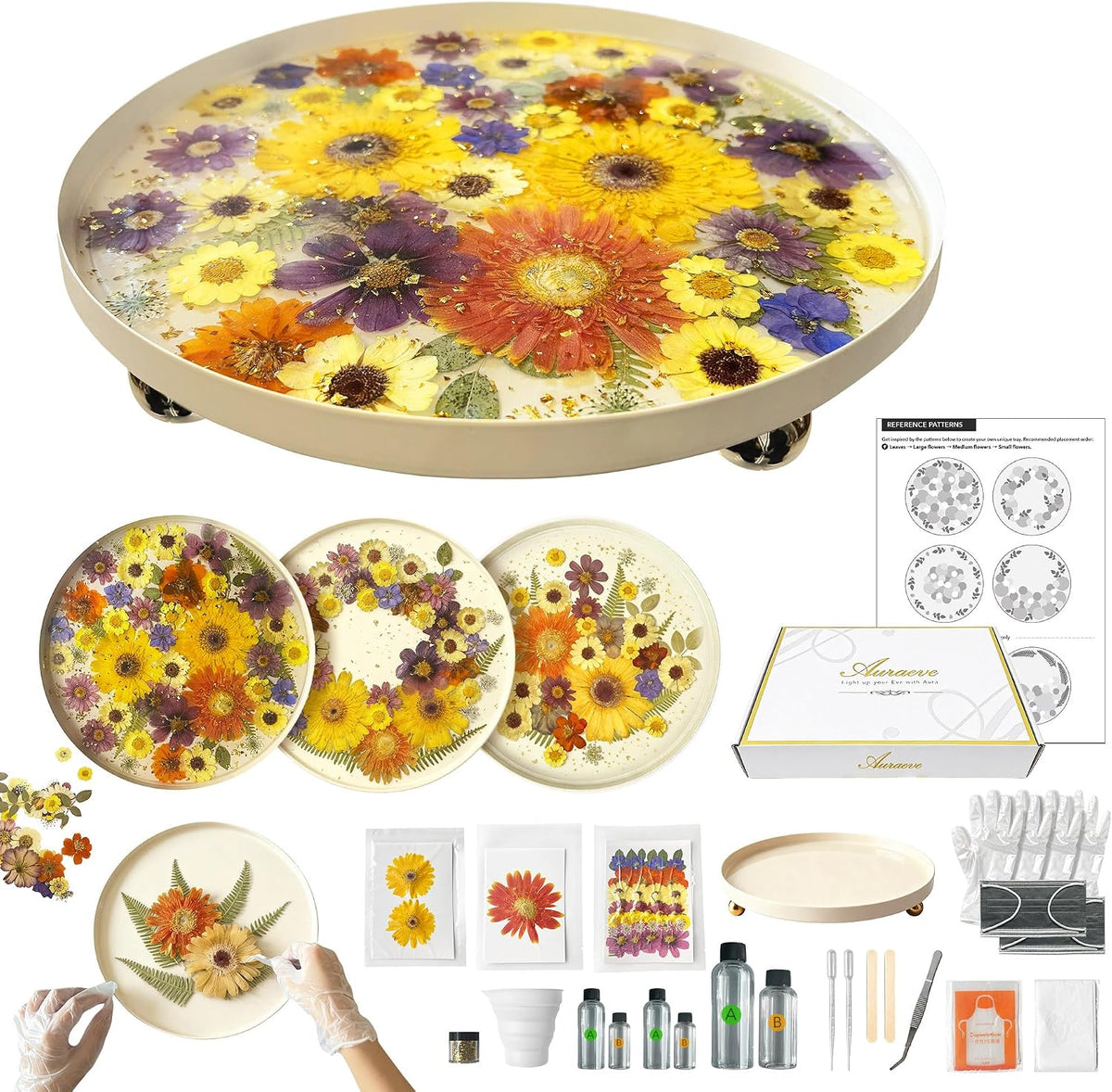 Auraeve All-in-One Resin Tray Craft Kit for Adults, Women, Crafter, Beige | 54Pcs Real Flowers, 13.2oz Pre-Measured Resin, 11.8 Metal Tray, 2 Person Protection, Hobby Activity, Gift, Pro Vision