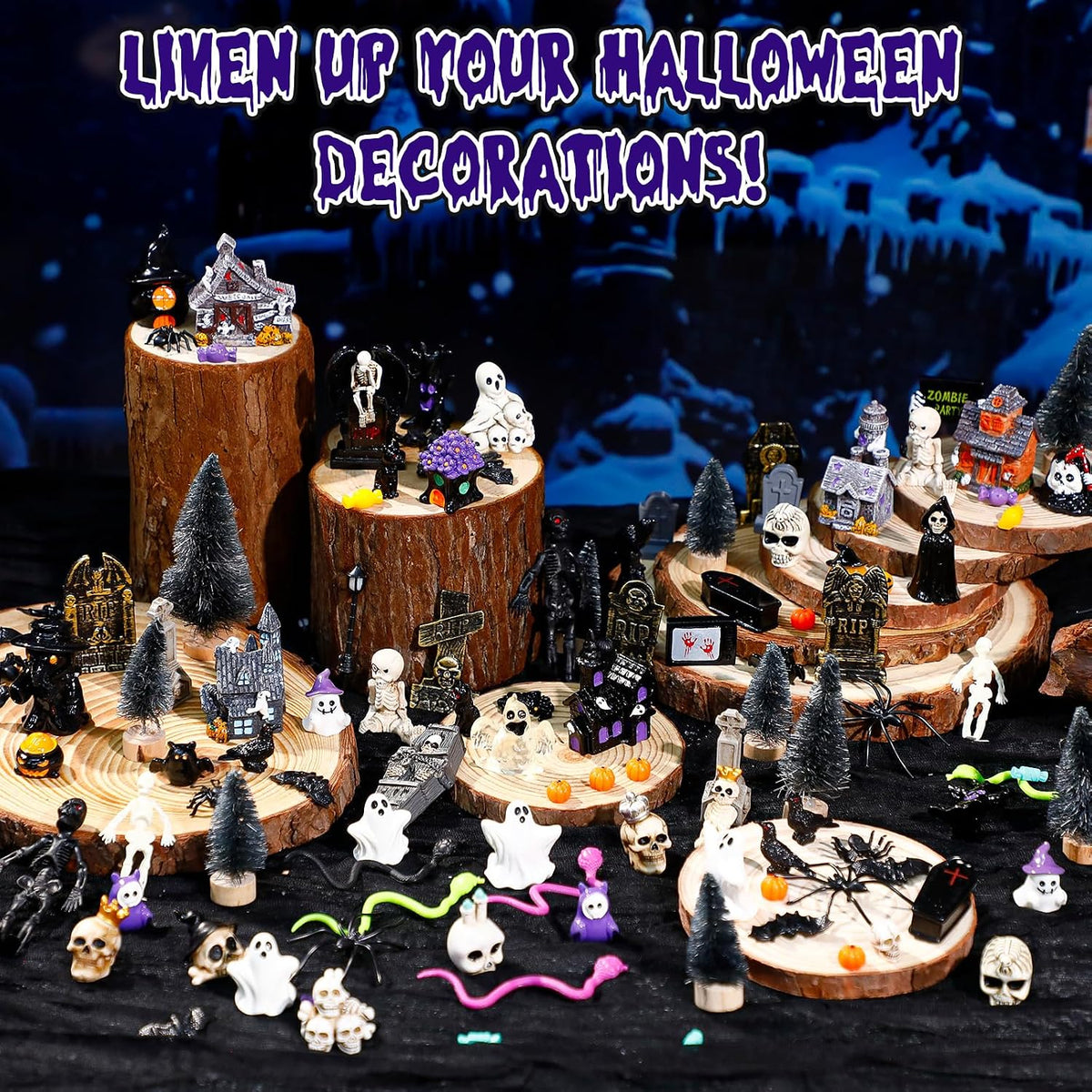 Barydat 120 Pcs Halloween Village House Accessories, Classic Style - A | Tombstone House Skeleton Spider Pumpkin Tree Ghost Streetlamp Figurine, Spooky Scene for Tabletop Party Decor