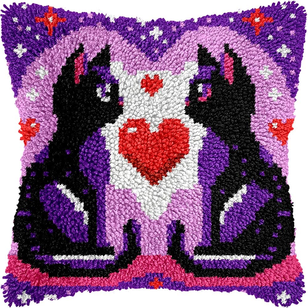 Colorful Cat Latch Hook Pillow Kits for Adults Beginner, Pre-printed Canvas | All-in-One Pets Latch Hook Rug Kit, Easy DIY Cushion Pillowcase Craft Gift Relaxing Hobby for Home Decor