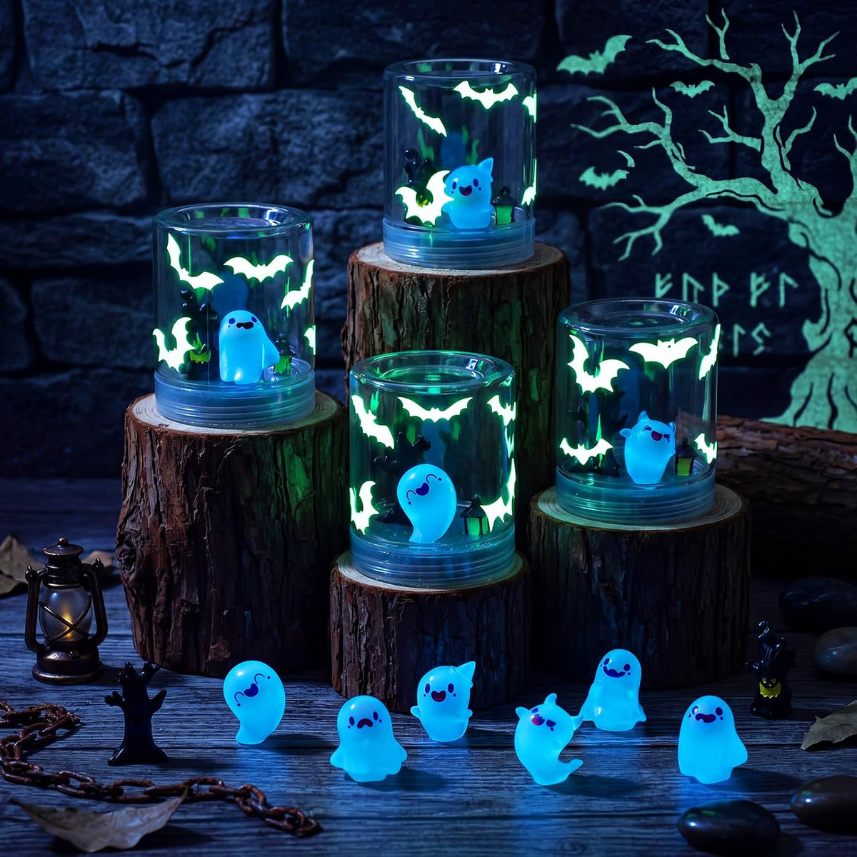 Sotiff 12 Sets Halloween Snow Globe Craft Kit Glow in The Dark Mini Ghosts | DIY Halloween Craft Kits for Adults with Resin Ghost Figurines Devil Tree Spooky Bat Stickers for Holiday Craft Party Favors
