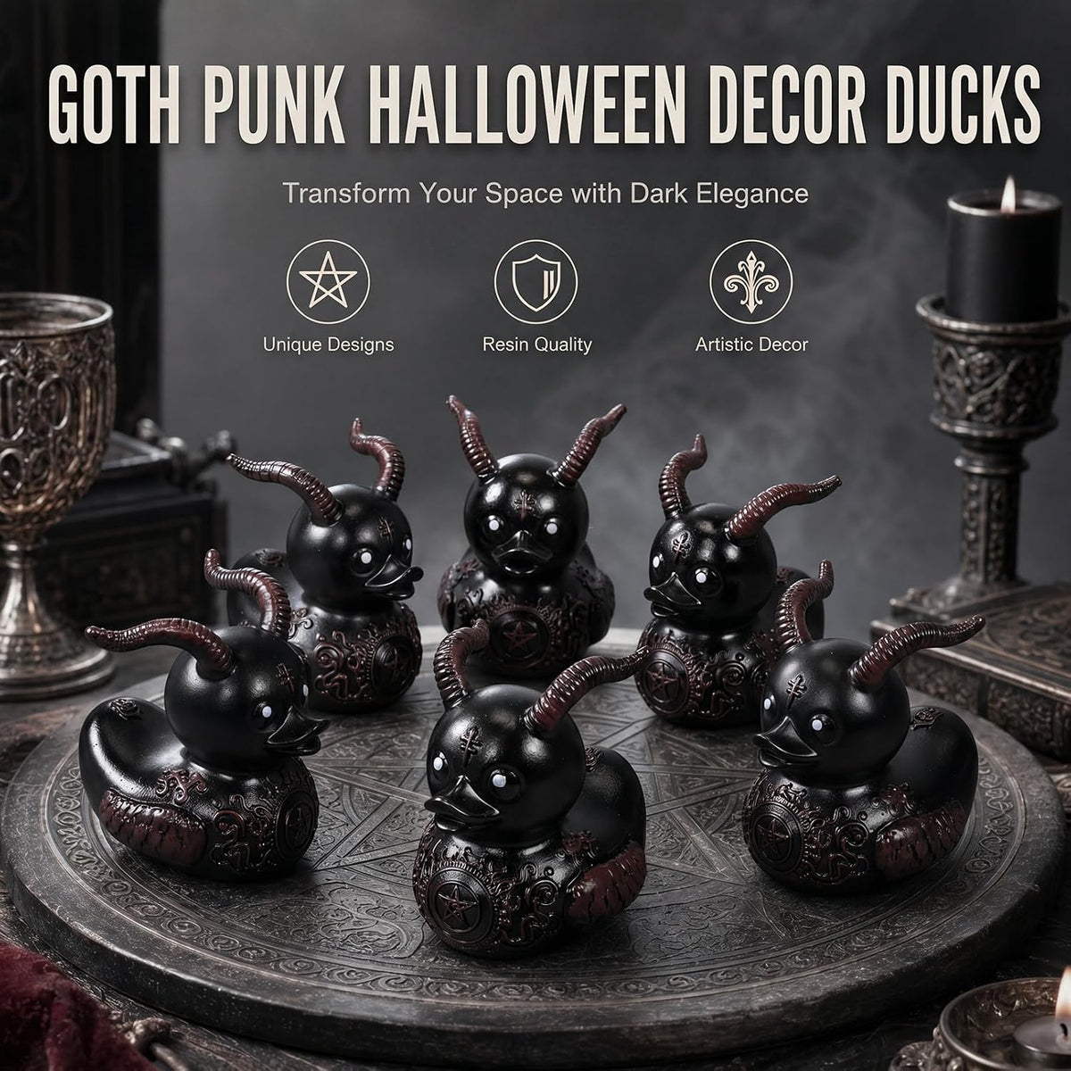 AceOrbit 6 Pcs Punk Duck Goth Resin Duck 3 Inch Satanic Figurine Decor | Halloween Gothic Gift, Goth Car Accessories, Novelty Desktop Decor for Home Office Bookshelf