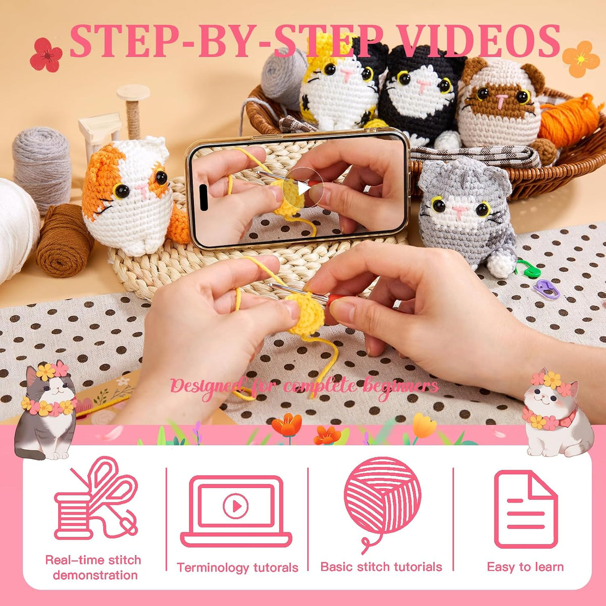MAGIMUSE Crochet Kit for Beginners, 5 Cat Crochet Amigurumi Craft Kit | Includes Step-by-Step Video Tutorials, 40% More Yarn and DIY Crochet & Knitting Supplies for Beginner Animal Projects.