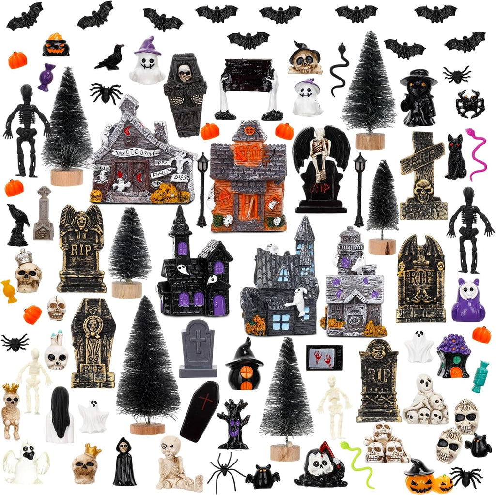 Barydat 120 Pcs Halloween Village House Accessories, Classic Style - A | Tombstone House Skeleton Spider Pumpkin Tree Ghost Streetlamp Figurine, Spooky Scene for Tabletop Party Decor