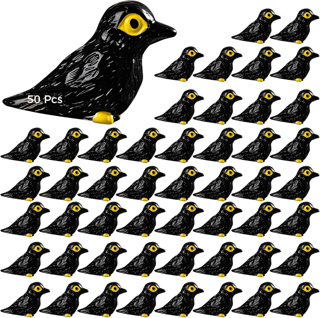 50 Pcs Mini Resin Figures Crow Set for Halloween Gothic Scene Decorations, Black with Yellow Eyes, Realistic Detailing, Small Crow Ornaments for Micro Landscapes and Haunted Displays