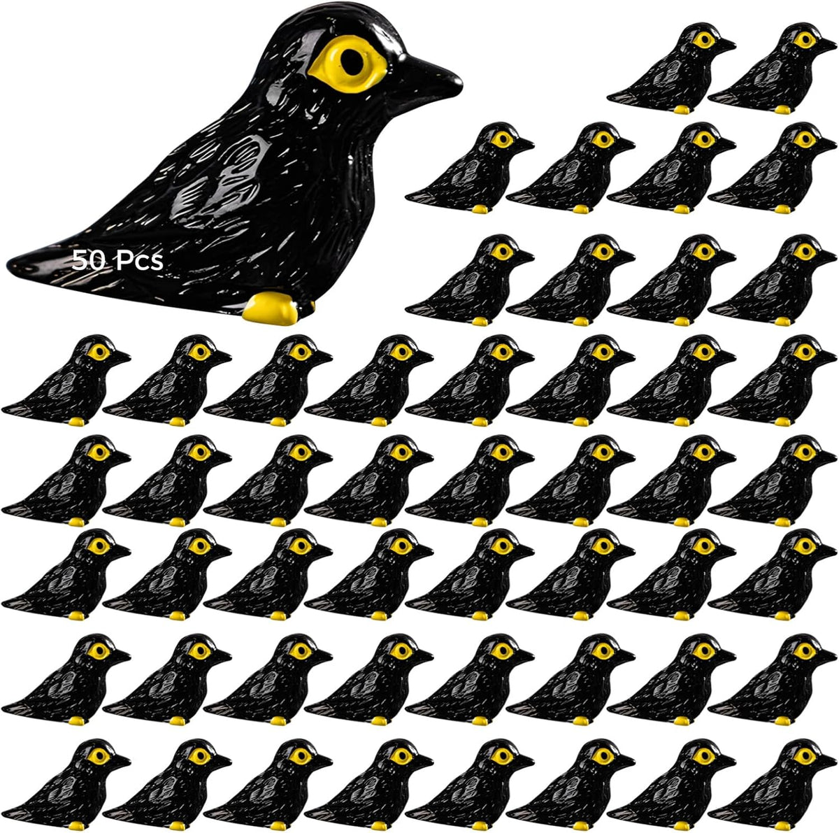 50 Pcs Mini Resin Figures Crow Set for Halloween Gothic Scene Decorations, Black with Yellow Eyes, Realistic Detailing, Small Crow Ornaments for Micro Landscapes and Haunted Displays