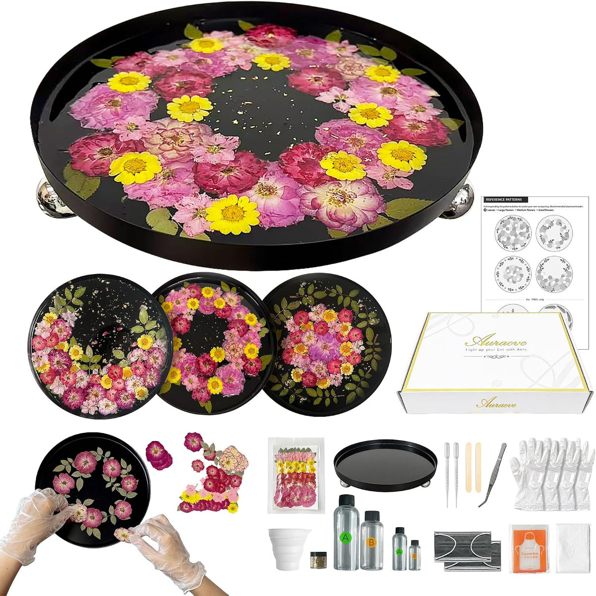 Auraeve All-in-One Resin Tray Craft Kit for Adults, Women, Crafter, Beige | 55Pcs Real Flowers, 10oz Pre-Measured Resin, 9.8 Metal Tray, 2 Person Protection, Hobby Activity, Gift, Beginner Friendly