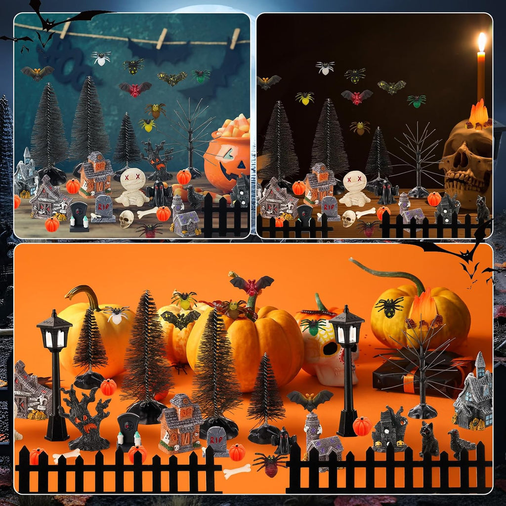 Seenelling 50 Pcs Halloween Village Miniature Haunted House Accessory Set | Tombstone Skulls Spiders Bats Figurines, Bare Branch Trees Pumpkin Fence Streetlamp, Table Landscape Display Party Scene