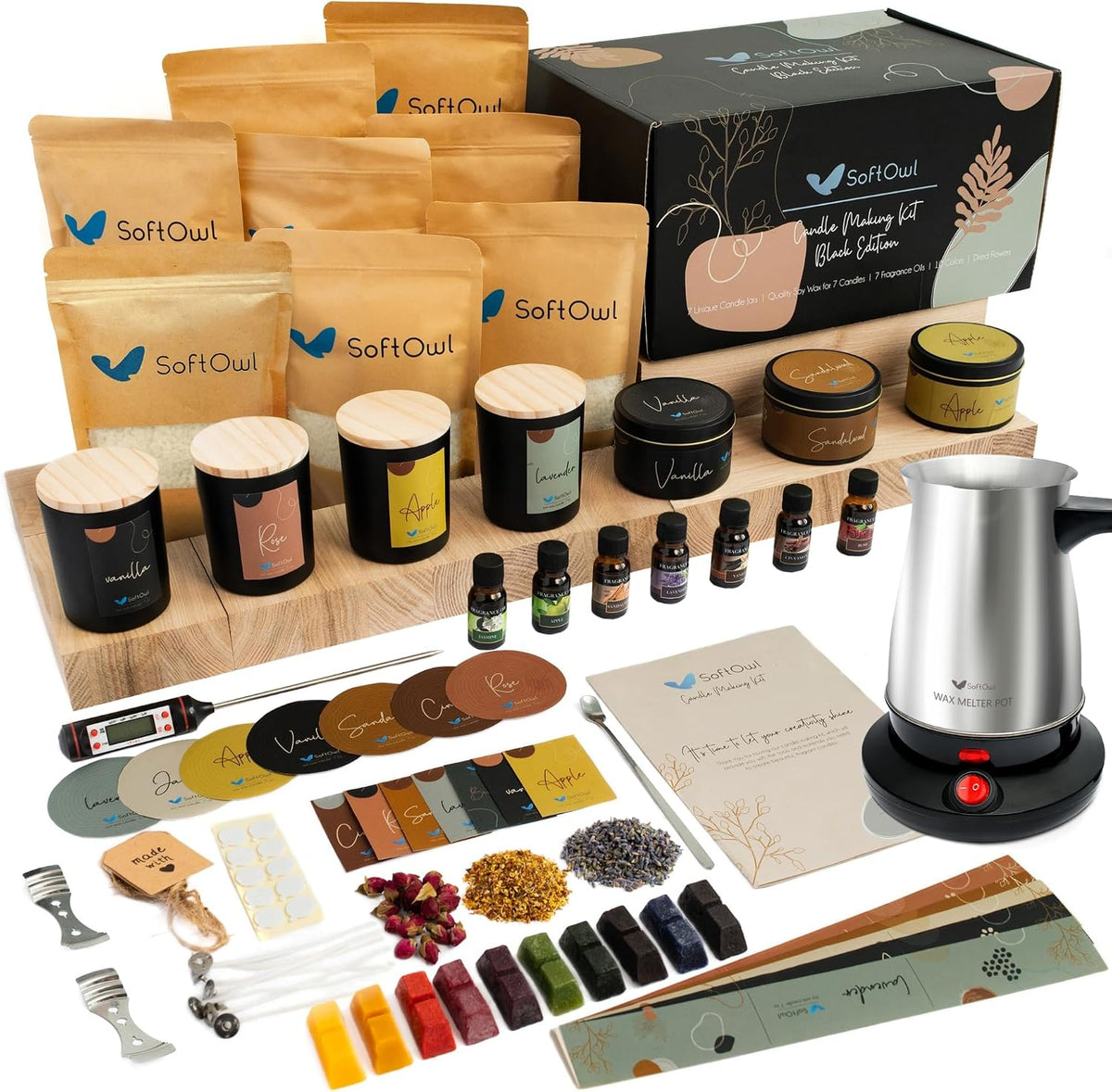 SoftOwl Premium Soy Candle Making Kit - Full Set - Soy Wax, Big 7oz Jars & Tins, 7 Pleasant Scents, Color Dyes & More - Perfect as Home Decorations - DIY Starter Scented Candles Making Kit