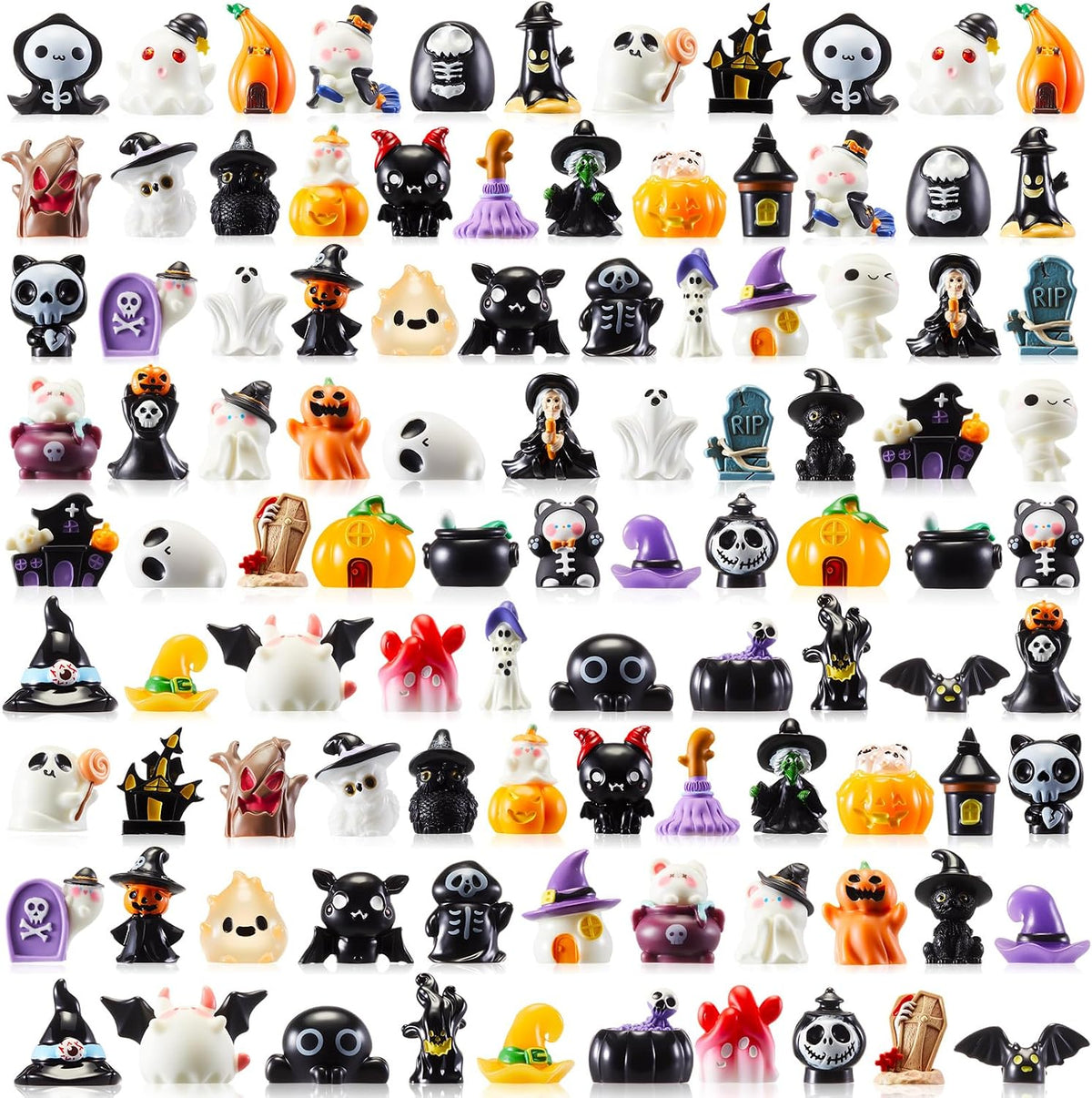 Leitee 100 Pcs Halloween Mini Resin Figurines | 50 Styles with Pumpkins, Ghosts, Skulls and Bats for Dollhouses, Gardens, Party Favors and Crafts