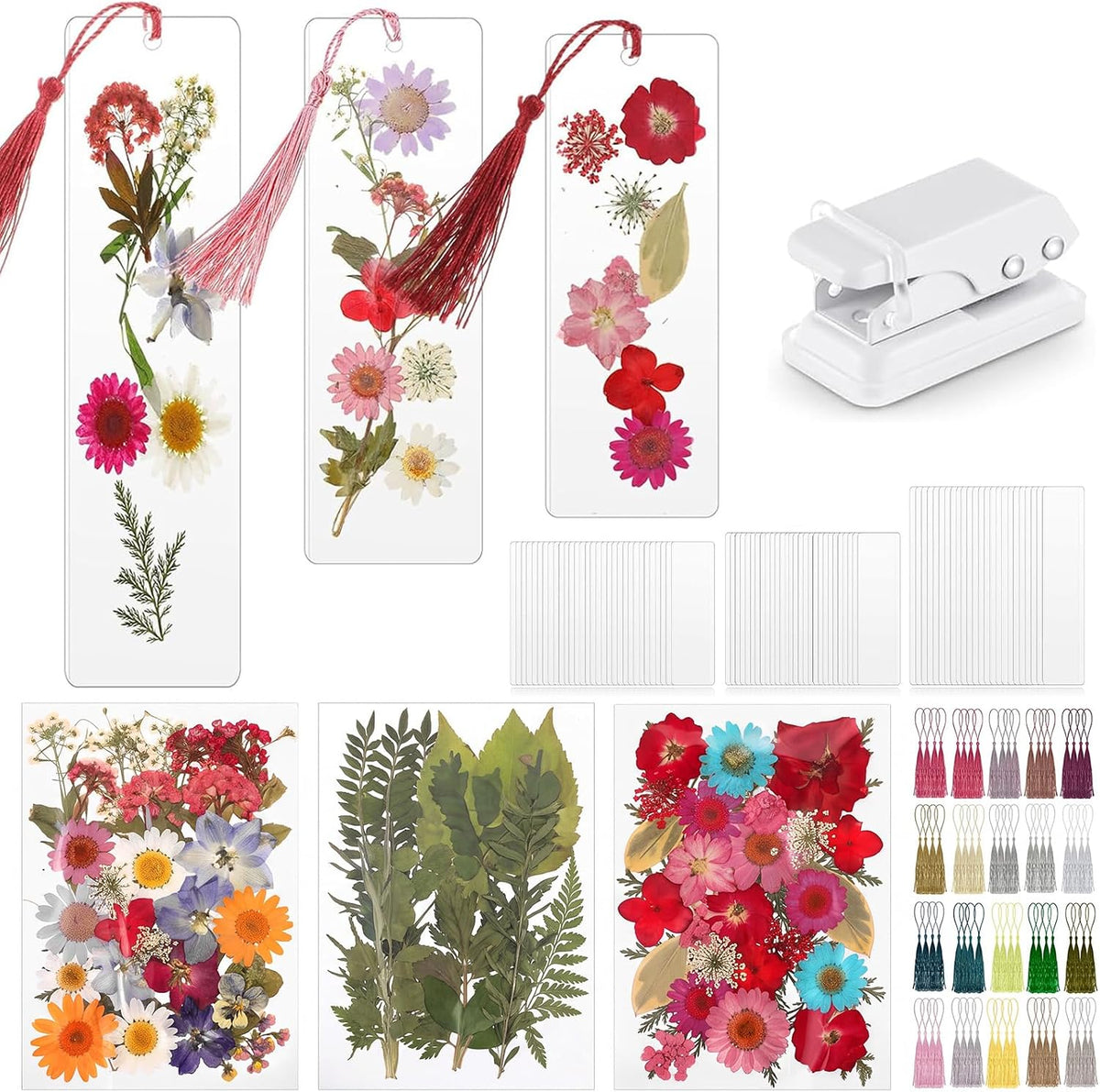 Fuyoooo 376 Pcs Pressed Flower Bookmark Kit, Pink, 2 x 6 Inch | Dried Flowers, Laminating Pouches Tassels Puncher, Craft Kit for Women Adults, Handmade DIY Bookmark Gifts for Book Lovers