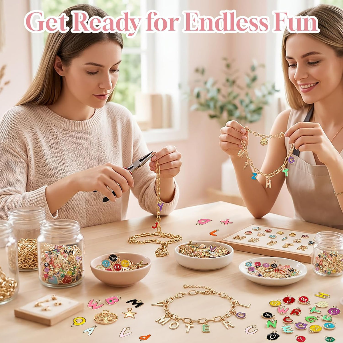 Friendship Bracelet Making Kit, DIY Jewelry Making Kit for Craft Night Beginners, Personalized Charms Birthday Gift with 12 Set Anti-Tarnish Chains & 78 Pcs Letters Charms