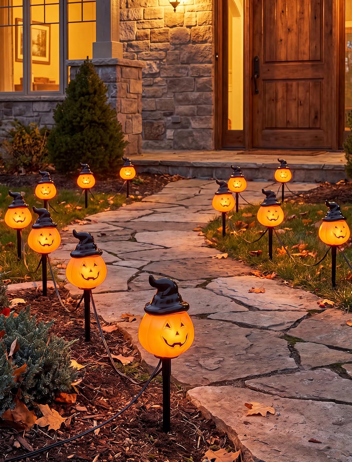 Halloween Ghost Pathway Lights, 4 Pack LED Yard Stake Lights Outdoor Decor | 7FT Plug-In, Connectable, IP44, Warm C7 LED Glow, Easy Stake Setup, Spooky Ghost Design, Trick-or-Treat Pathway Decor