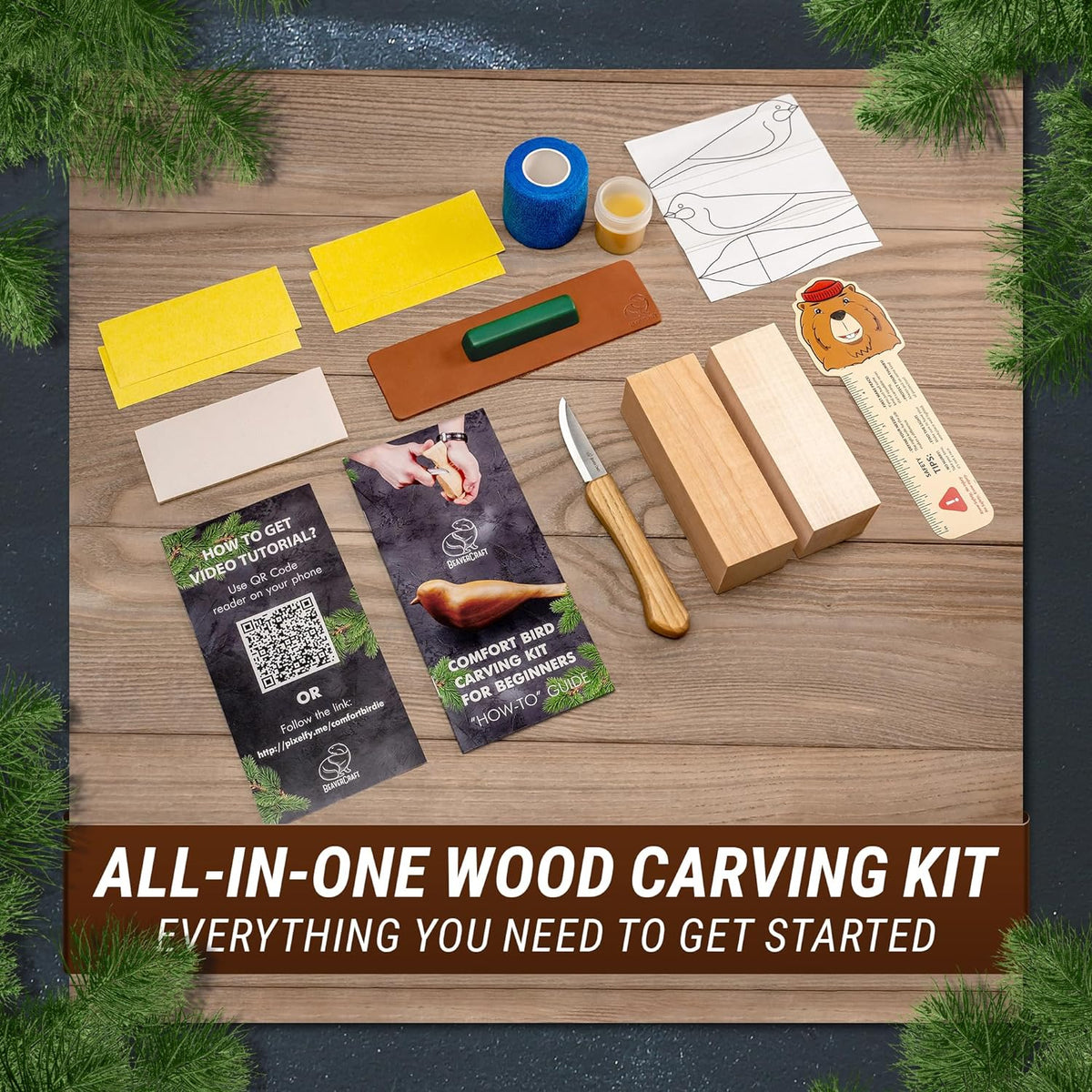 BeaverCraft Wood Carving Kit for Beginners Comfort Bird DIY Whittling Set | 2 Сarving Blocks & Whittling Knife, Leather Strop, Tutorial - DIY Craft Hobby Kit for Adults & Kids, Wood Carving Knife Set