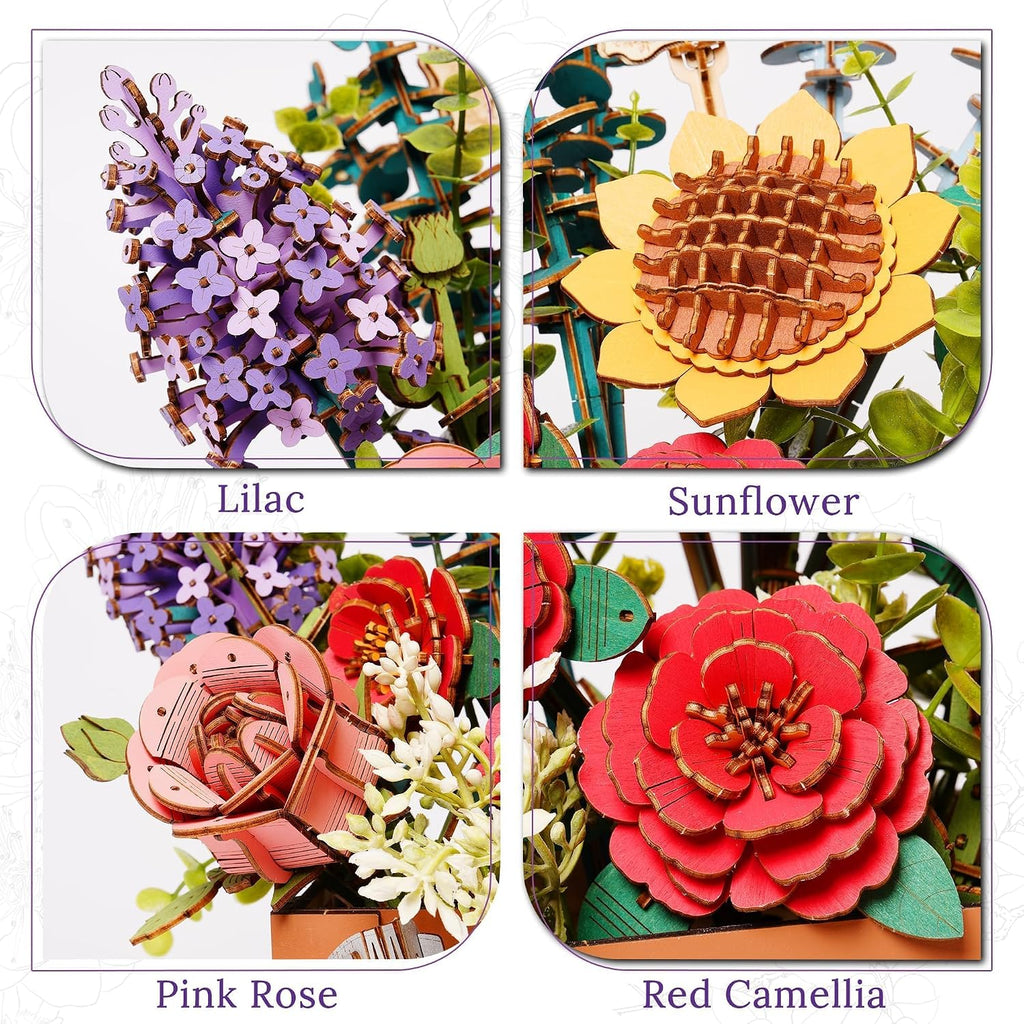 3D Wooden Flower Puzzle for Adults-Wooden Bloom Box, DIY Craft Model Kit Building Set, Botanical Decor Creative Gift for Lovers Nature Enthusiasts (658PCS)