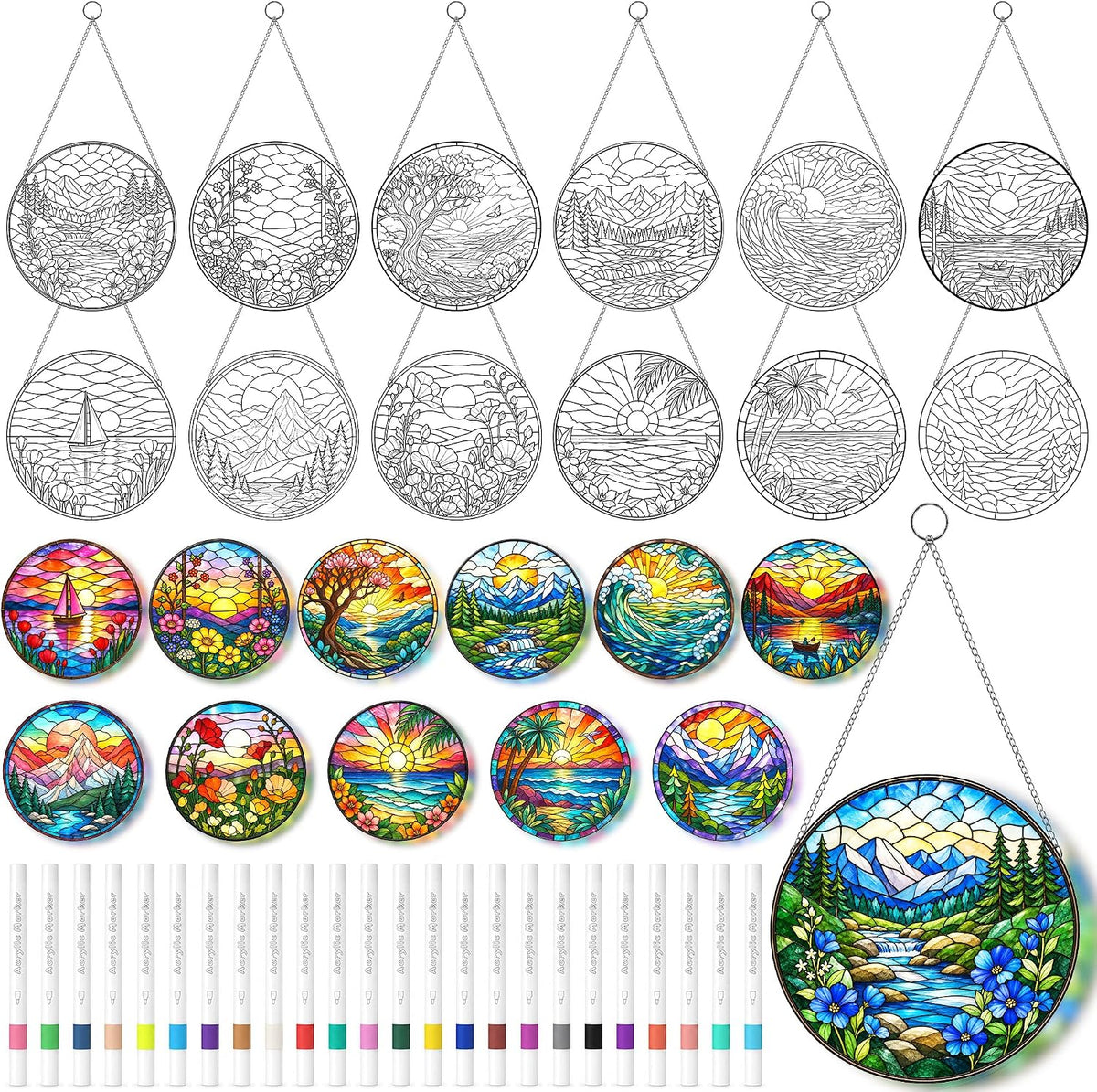 HUIGENMY 36PCS Suncatcher Craft Kit, DIY Stained Glass Art for Adults | 12 Acrylic Suncatchers with 24 Markers, Stained Glass Nature Landscape Art Crafts for Home Window Decor, Creative Hobby Gift