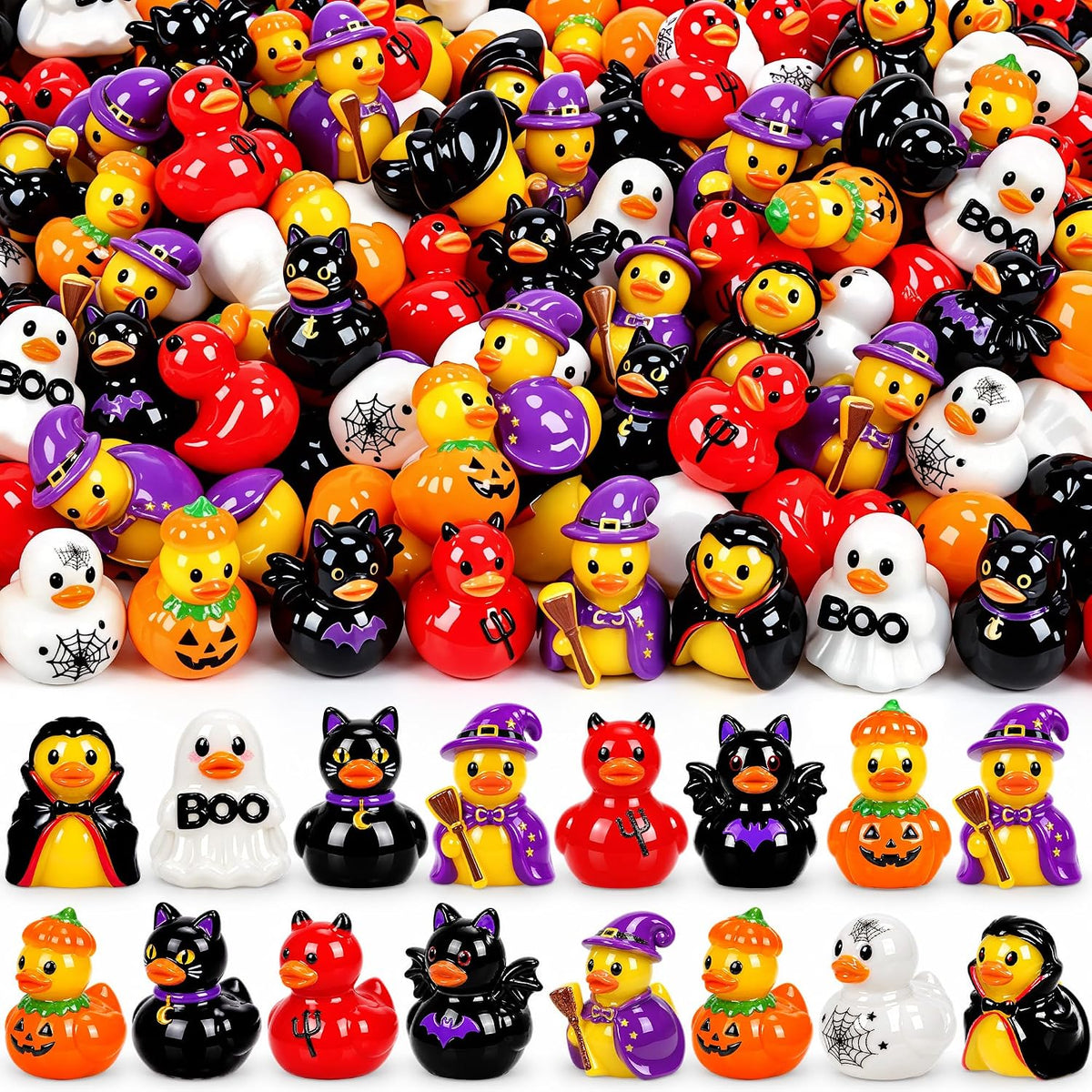Zenoble 100Pcs Halloween Mini Resin Ducks Miniature Halloween Trinkets | 8 Style Tiny Little Small Duckies Figurines Bulk for Novelty Halloween Party Favors Gift Micro Landscape DollhouseDecoration