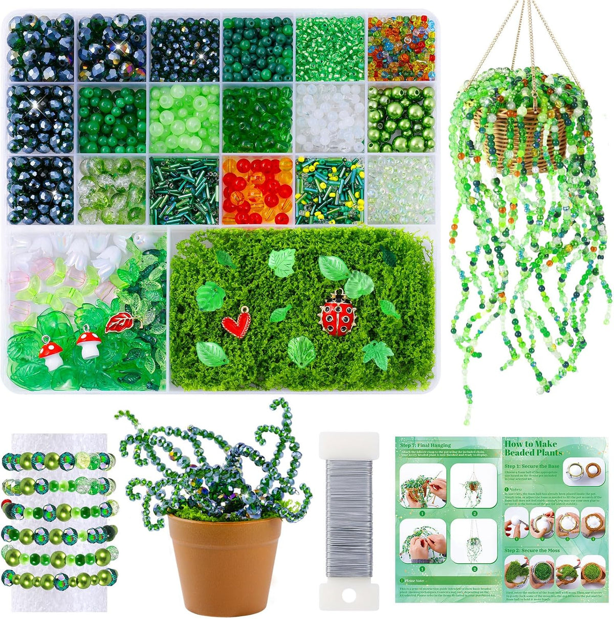 FOGWOWO 5057 Pcs Beaded Plant Kit,Glass Green Beads with Disco Ball & Chain | Forever Plant Beads Kit with Manual & Video Tutorials,Beaded Plants,Crystal Leaf Bead,for Jewelry Making DIY Craft,Suncatcher