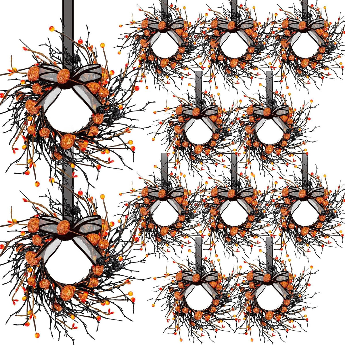 8 PCS Small Halloween Wreaths Mini Black Halloween Candle Rings | 6 Inch Halloween Cabinet Bows Wreaths, Hanging Wreath for Front Door Window Decoration Kitchen Cabinet Fireplace Home Decor
