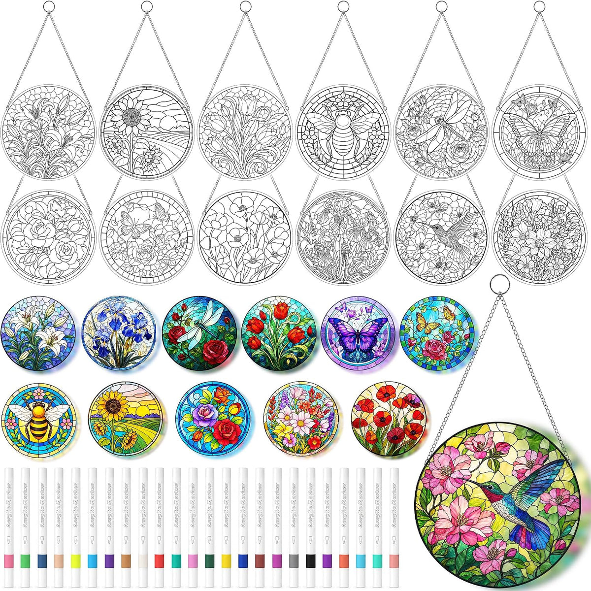 HUIGENMY 36PCS Suncatcher Craft Kit, DIY Stained Glass Art for Adults | 12 Acrylic Suncatchers with 24 Markers, Stained Glass Nature Landscape Art Crafts for Home Window Decor, Creative Hobby Gift